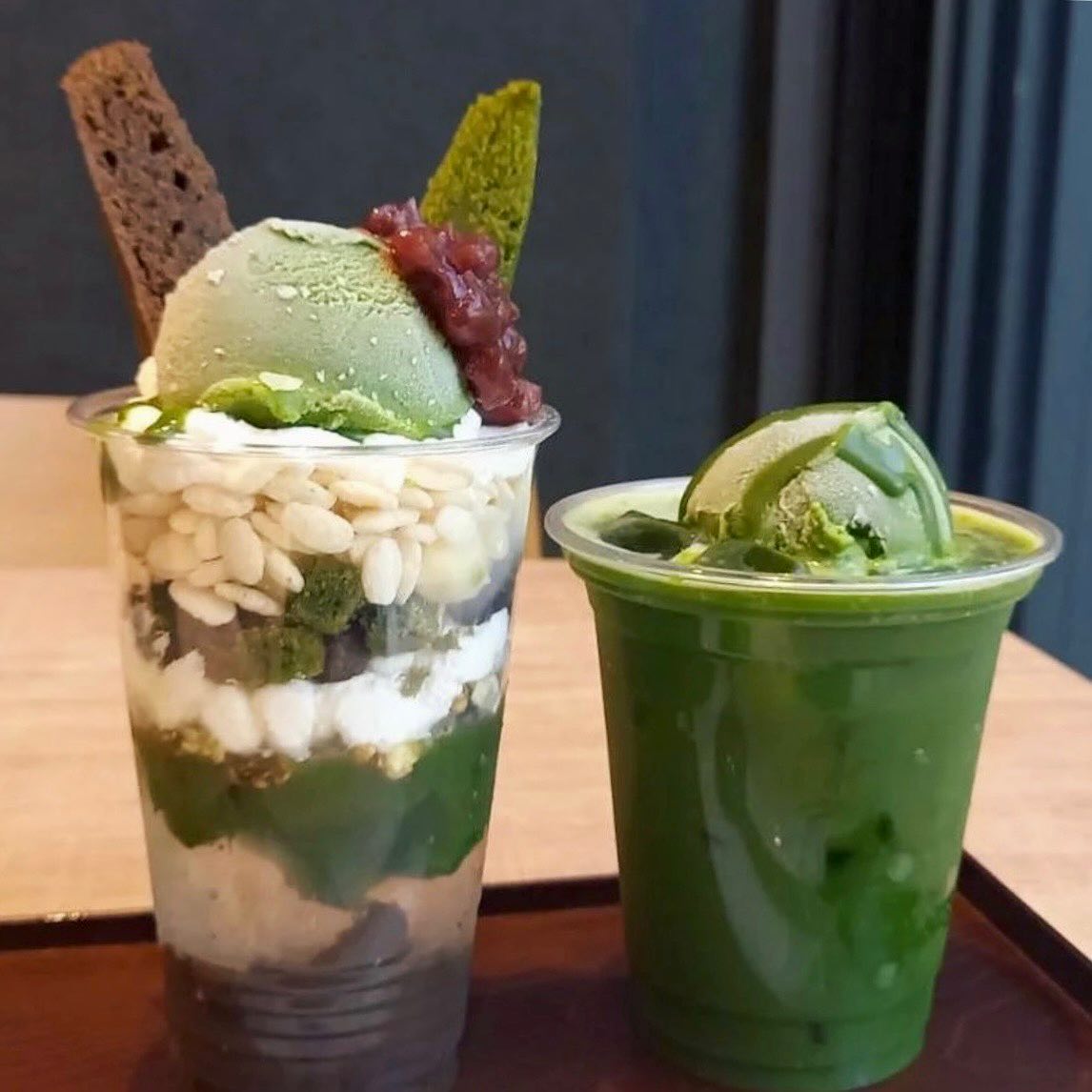 Matcha parfait and matcha drink at Cha-no-wa Cafe