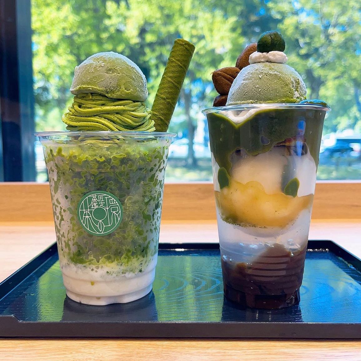 Matcha desserts beside the café window